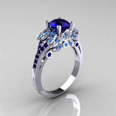 Classic 14K White Gold 1.0 CT Blue Sapphire Blue Topaz Blazer Wedding Ring R203-14KWGBTBS-1
