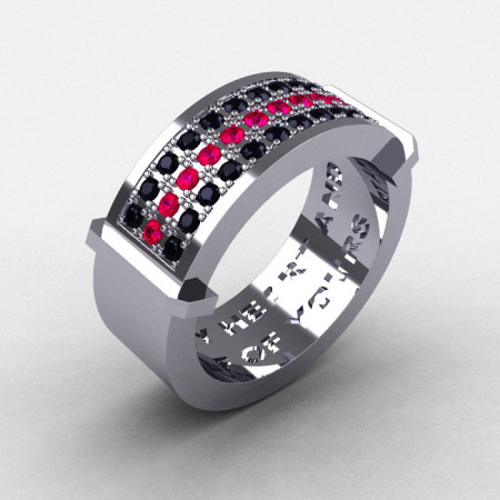 Gentlemens Modern 14K White Gold Ruby Black Diamond Ring MR184-14KWGRBD-1