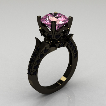 Classic French 14K Black Gold 3.0 Carat Light Pink Sapphire Black Diamond Solitaire Wedding Ring R401-14KBGBDLPS-1