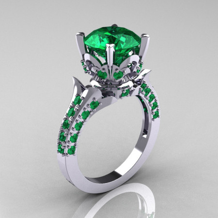 Classic French 10K White Gold 3.0 Carat Emerald Solitaire Wedding Ring R401-10KWGEM-1