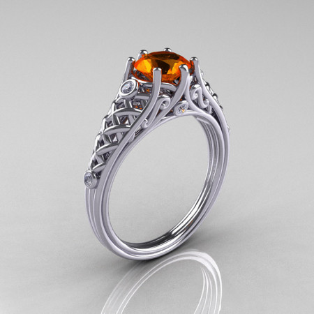 Classic French 14K White Gold 1.0 Carat Orange Sapphire Diamond Lace Ring R175-14WGDOS-1