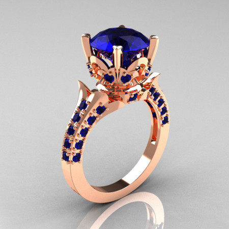 Classic French 14K Rose Gold 3.0 Carat Blue Sapphire Solitaire Wedding Ring R401-14KRGBS-1