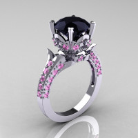 Exclusive 14K White Gold 3.0 Carat Black Diamond Light Pink Sapphire Solitaire Blazer Ring R401-14KWGLPSBD-1