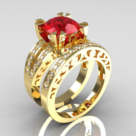 Modern Vintage 14K Yellow Gold 3.0 Carat Ruby Diamond Solitaire Ring and Wedding Band Bridal Set R102S-14KYGDR-1