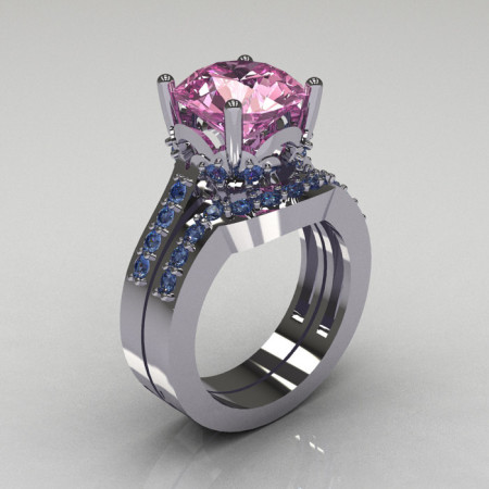 Classic 14K White Gold 3.5 Carat Light Pink Sapphire Topaz Solitaire Wedding Ring Set R301S-14KWGLPSBT-1
