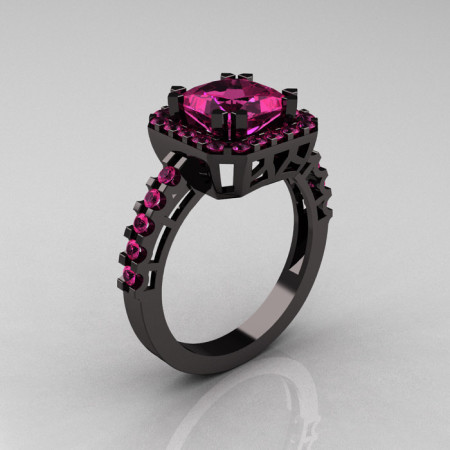 Modern Art-Deco 14K Black Gold 2.0 Carat Princess Pink Sapphire Solitaire Wedding Ring R223-14KBGPS-1