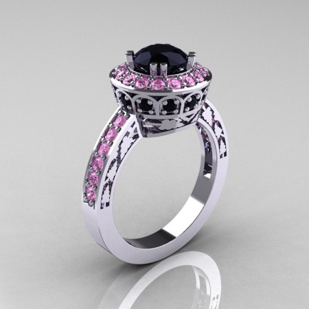 Classic 14K White Gold 1.0 Carat Black Diamond Light Pink Sapphire Wedding Ring Engagement Ring R199-14KWGLPSBD-1