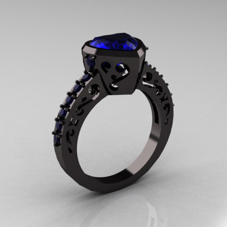 Classic 14K Black Gold 2.0 Carat Heart Blue Sapphire Bridal Ring R314-14KRGBS-1