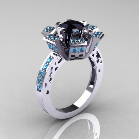 Modern French 14K White Gold Black Diamond Blue Topaz Wedding Ring Engagement Ring R224-14KWGBTBD-1