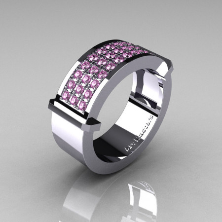 Gentlemens Modern 14K White Gold 33 Stone Light Pink Sapphire Ring MR184-14KWGLPS-1