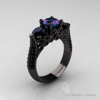 Classic 14K Black Gold Three Stone 2.0 Ct Chrisoberyl Alexandrite Black Diamond Solitaire Ring R200-14KBGBD2AL-1