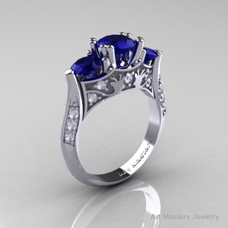 Nature Inspired 14K White Gold Three Stone Blue Sapphire Diamond Solitaire Wedding Ring Y230-14KWGDBS-1