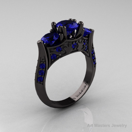 Nature Inspired 14K Black Gold Three Stone Blue Sapphire Solitaire Wedding Ring Y230-14KBGBS-1