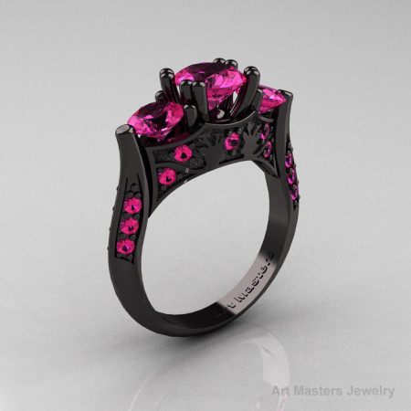 Nature Inspired 14K Black Gold Three Stone Pink Sapphire Solitaire Wedding Ring Y230-14KBGPS-1