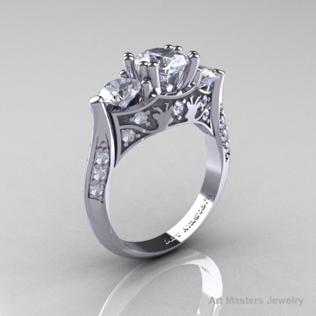 Nature Inspired 14K White Gold Three Stone White Topaz Diamond Solitaire Wedding Ring Y230-14KWGDWT-1