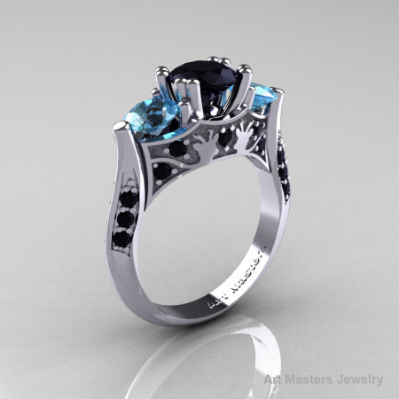 14K White Gold Three Stone Black Diamond Blue Topaz Solitaire Wedding Ring Y230-14KWGBTBD-1