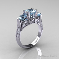 14K White Gold Three Stone Aquamarine Diamond Solitaire Wedding Ring Y230-14KWGDAQ-1