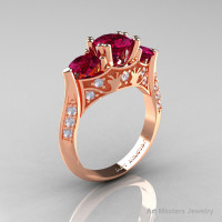 14K Rose Gold Three Stone Raspberry Red Garnet Diamond Solitaire Wedding Ring Y230-14KRGDRRG-1