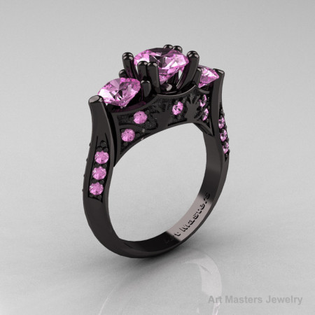 Nature Inspired 14K Black Gold Three Stone Light Pink Sapphire Solitaire Wedding Ring Y230-14KBGLPS-1