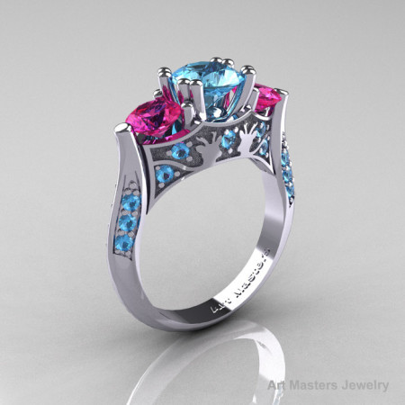 Nature Inspired 14K White Gold Three Stone Blue Topaz Pink Sapphire Solitaire Wedding Ring Y230-14KWGPSBT-1