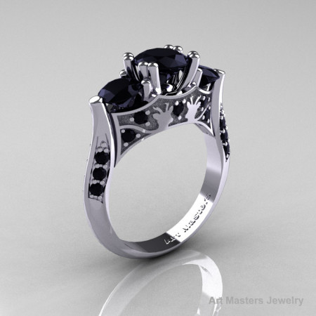 14K White Gold Three Stone Black Diamond Solitaire Wedding Ring Y230-14KWGBD-1