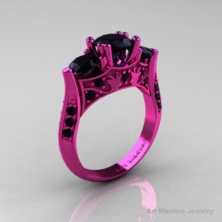 Nature Inspired 14K Pink Gold Three Stone Black Diamond Solitaire Wedding Ring Y230-14KPGBD-1