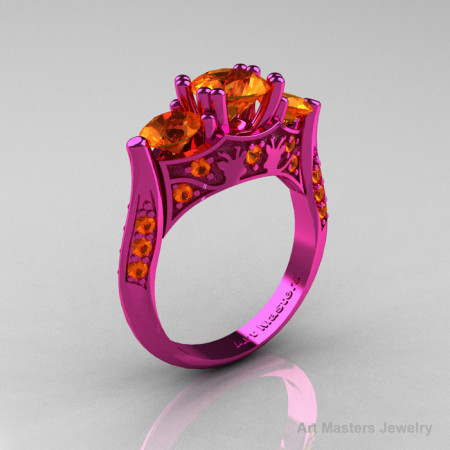 Nature Inspired 14K Pink Gold Three Stone Orange Sapphire Solitaire Wedding Ring Y230-14KPGOS-1