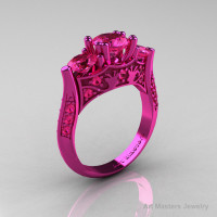 Nature Inspired 14K Pink Gold Three Stone Pink Sapphire Solitaire Wedding Ring Y230-14KPGPS-1