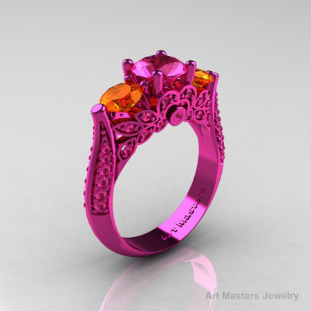 Classic 14K Pink Gold Three Stone Pink Orange Sapphire Solitaire Engagement Ring Wedding Ring R200-14KPGOPS-1