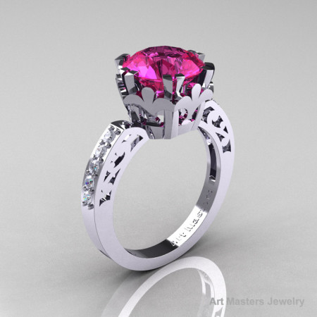 Modern Renaissance 14K White Gold 3.0 Carat Pink Sapphire Diamond Solitaire Ring R402-14KWGDPS-1
