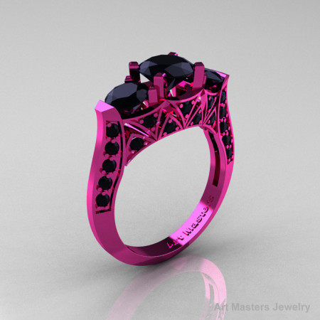 Modern 14K Pink Gold Three Stone Black Diamond Solitaire Engagement Ring Wedding Ring R250-14KPGBD-1