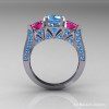 Modern 10K White Gold Three Stone Blue Topaz Pink Sapphire Solitaire Engagement Ring Wedding Ring R250-10KWGPSBT-2