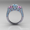 Modern 10K White Gold Three Stone Aquamarine Light Pink Sapphire Solitaire Engagement Ring Wedding Ring R250-10KWGLPSAQ-2