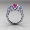 Modern 14K White Gold Three Stone Pink Sapphire Blue Topaz Diamond Solitaire Engagement Ring Wedding Ring R250-14KWGDBTPS-3