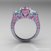 Modern 14K White Gold Three Stone Light Pink Sapphire Aquamarine Solitaire Engagement Ring Wedding Ring R250-14KWGAQLPS-2