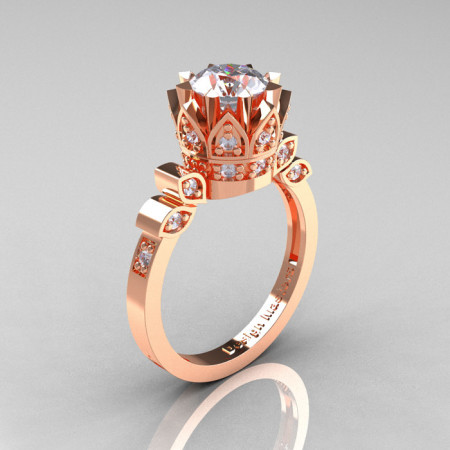 Classic Armenian 14K Rose Gold 1.0 White Sapphire Diamond Bridal Solitaire Ring R405-14KRGDWS-1