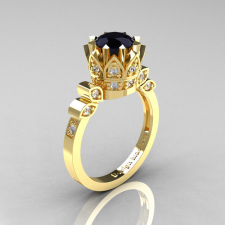 Classic Armenian 14K Yellow Gold 1.0 Black and White Diamond Bridal Solitaire Ring R405-14KYGDBD-1