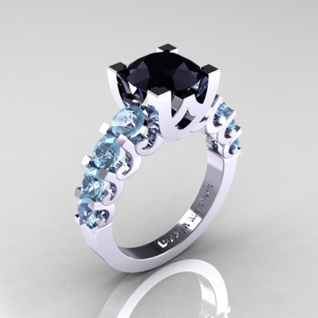 Modern Vintage 14K White Gold 3.0 Carat Black Diamond Aquamarine Designer Wedding Ring R142-14KWGAQBD-1