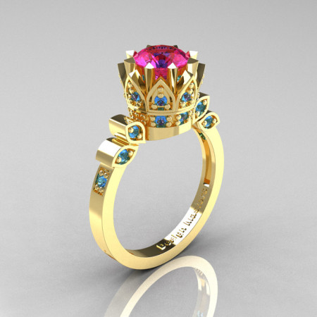 Classic Armenian 14K Yellow Gold 1.0 Pink Sapphire Blue Topaz Bridal Solitaire Ring R405-14KYGBTPS-1