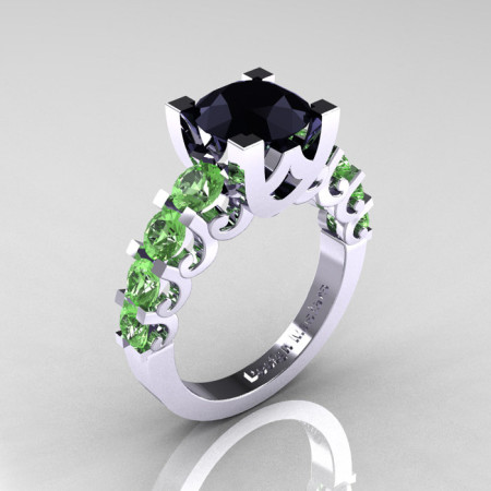 Modern Vintage 14K White Gold 3.0 Carat Black Diamond Green Topaz Designer Wedding Ring R142-14KWGGTBD-1