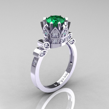 Classic Armenian 14K White Gold 1.0 Emerald Diamond Bridal Solitaire Ring R405-14KWGDEM-1