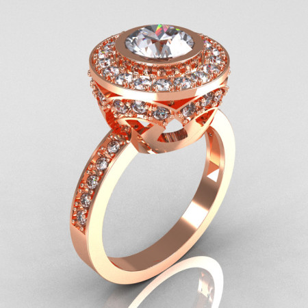 Modern Vintage 14K Rose Gold 1.0 Carat White Sapphire and White Diamond Solitaire Ring R132-14KRGDWS-1