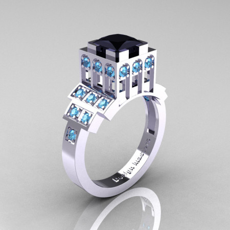 Modern Industrial 14K White Gold 1.23 CT Princess Black Diamond Blue Topaz Bridal Ring R316-14KWGBTBD-1
