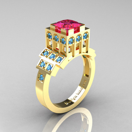 Modern Industrial 14K Yellow Gold 1.23 CT Princess Pink Sapphire Blue Topaz Bridal Ring R316-14KYGBTPS-1