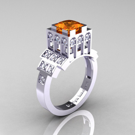 Modern Industrial 14K White Gold 1.23 CT Princess Orange Sapphire Diamond Bridal Ring R316-14KWGDOS-1