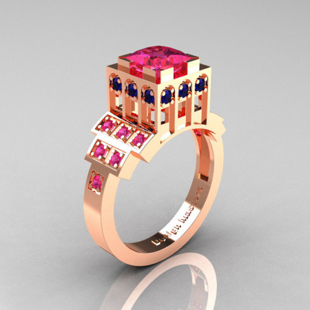 Modern Industrial 14K Rose Gold 1.23 CT Princess Pink Blue Sapphire Bridal Ring R316-14KRGBPS-1