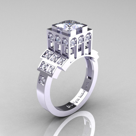 Modern Industrial 14K White Gold 1.23 CT Princess White Sapphire Diamond Bridal Ring R316-14KWGDWS-1