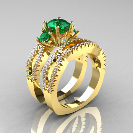 Modern French 14K Yellow Gold Three Stone Emerald Diamond Engagement Ring Wedding Band Set R140S-14KYGDEM-1