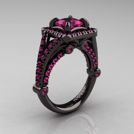 Modern Art Nouveau 14K Black Gold 1.23 Carat Princess Pink Sapphire Engagement Ring Wedding Ring R336-14KBGPS-1
