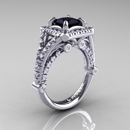Modern Art Nouveau 14K White Gold 1.23 Carat Princess Black and White Diamond Engagement Ring Wedding Ring R336-14KWGDBD-1